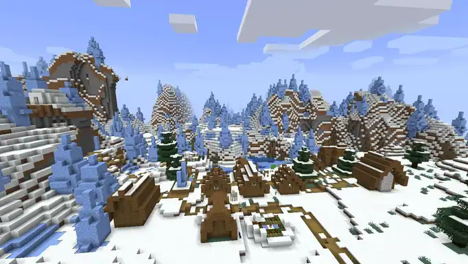 Четыре иглу и деревня в зимнем биоме для Майнкрафт